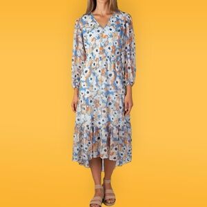 Joie Limited Edition Chiffon Tiered Maxi Dress Women’s XL Blue Floral Fields